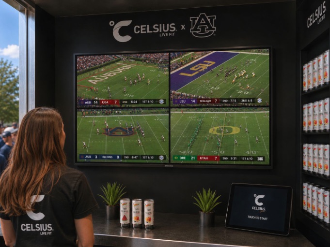 A person watches four college football games on a large screen at a Celsius booth, with Celsius drinks and a tablet displayed on the counter.